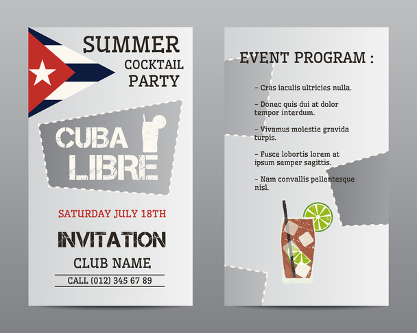 Summer cocktail party flyer layout template with Cuba flag and Cuba Libre cocktail. Fresh Modern ice design for cocktail bar or restaurant. Isolated on grey background. Vector - Wektor, obraz