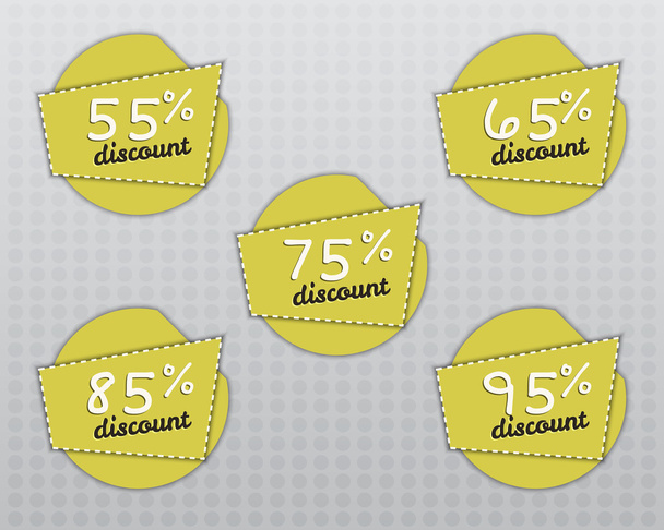 Sale stickers and labels with Sale up to 55 - 95 percent text on yellow circle stickers and labels. Discount. Vector - Vektor, obrázek