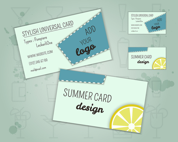 Summer cocktail party business card layout template with blue lagoon cocktail, lemon and cherry elements. Fresh Modern ice design for cocktail bar. Isolated on unusual background. Vector - Διάνυσμα, εικόνα
