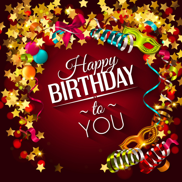 Birthday card with golden stars, colorful curling ribbons, carnival mask and confetti. - Vector, imagen
