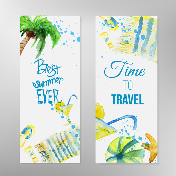 Vector watercolor set of summer banners with lettering on beach background. EPS10 - Vector, afbeelding