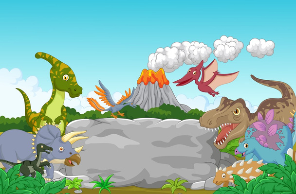 Cartoon Collection dinosaur in the jungle - Vector, Image