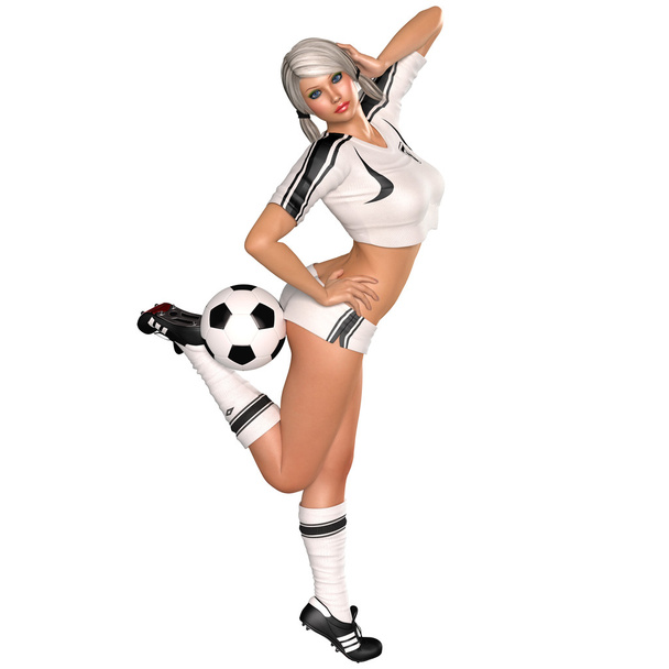 Милая молодая девушка в футбольной форме с мячом
 - Фото, изображение