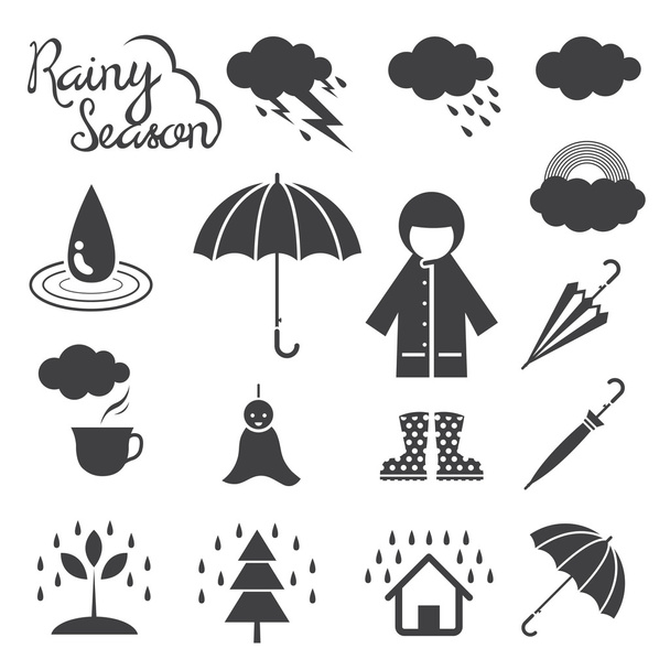 Rainy Season Mono Icons Set - Vector, Image