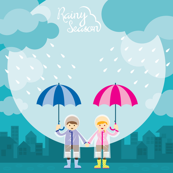 Fiú és lány esernyő esős évszak - Vektor, kép