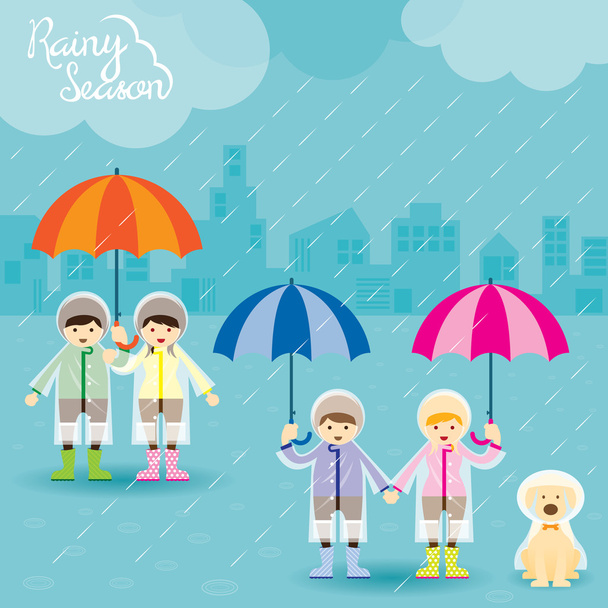 Garçon fille et chien avec parapluie saison des pluies
 - Vecteur, image