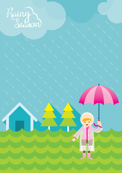 フィールドの梅雨の傘を持つ少女 - ベクター画像