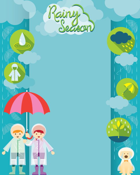 Erkek ve kız şemsiye yağmur mevsimi simgeler çerçeve ile - Vektör, Görsel