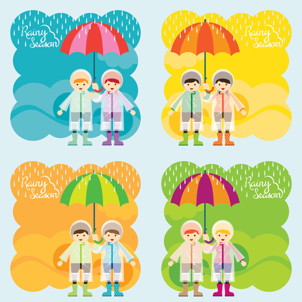 Niño y niña con paraguas Rainy Season Antecedentes
 - Vector, Imagen