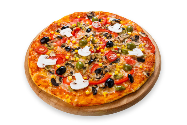 Pyszne wegetariańskie pizza z pomidorami, pieczarkami i oliwkami - Zdjęcie, obraz