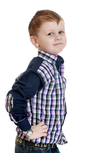 Fair-haired little boy in a plaid shirt - 写真・画像