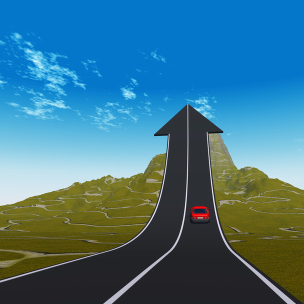 üzerinde ok yolu yukarı, yukarı doğru bir dağın üstünden işaret eden kırmızı araba - Fotoğraf, Görsel