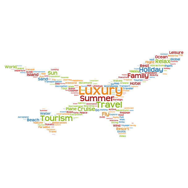подорожі або туризм слово хмара або Wordcloud як літак силует
 - Фото, зображення
