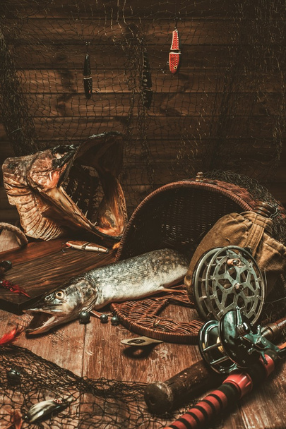 Ferramentas de pesca e lúcio fresco
 - Foto, Imagem