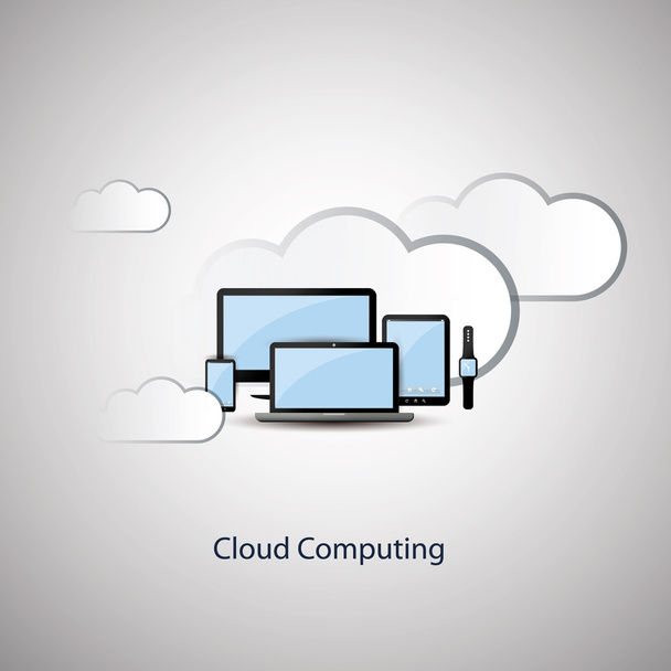 Cloud Computing Concept Design with Mobile Devices and Cloud Background - Vector, Image