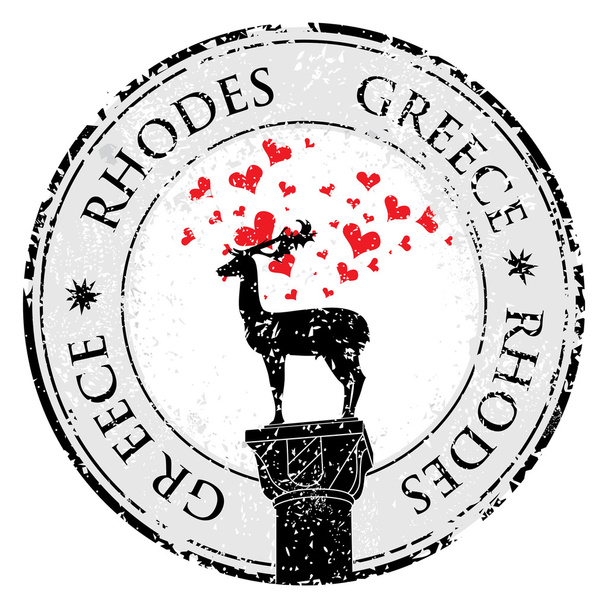 Grunge αγάπη σφραγίδα με το ελάφι της Ρόδου και της καρδιάς, Ελλάδα γραμμένο μέσα  - Διάνυσμα, εικόνα