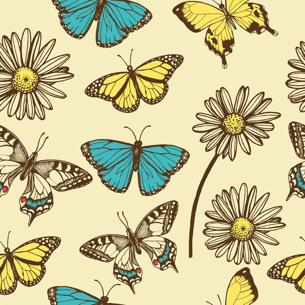 Butterflies, chamomile background - Vector, Image