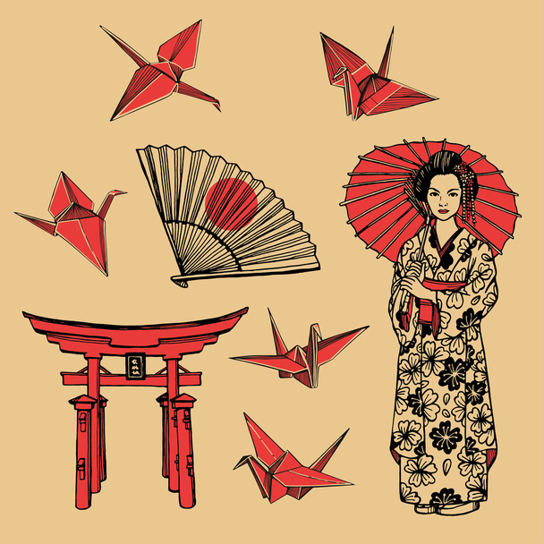 Hand drawn set with geisha - Vetor, Imagem