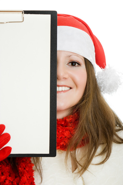 Happy Christmas woman with tablet in hand on white background. - Foto, Imagem