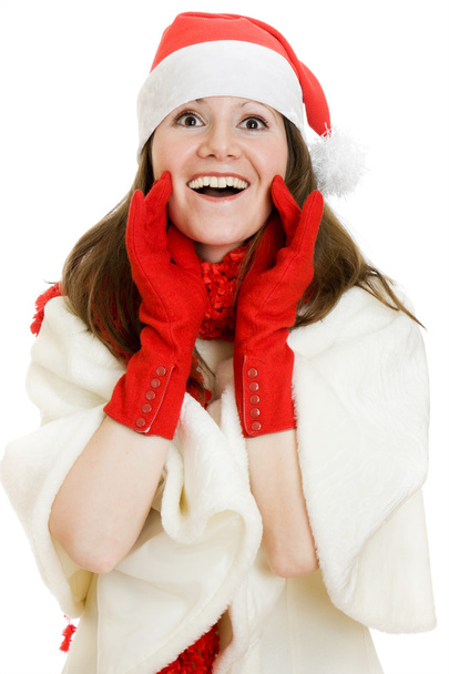Happy Christmas surprised woman on a white background. - Foto, Imagen