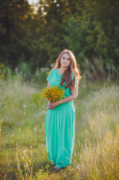 Artistic portrait of young gorgeous brunette on green meadow.  - Fotografie, Obrázek