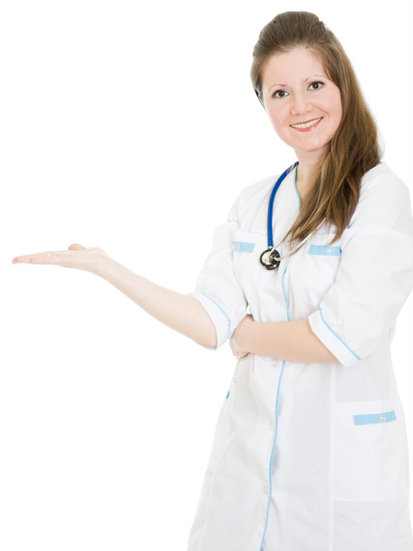 Female doctor shows his hand on a white background. - Foto, Imagem