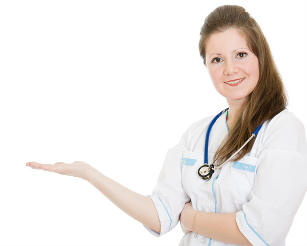 Female doctor shows his hand on a white background. - Zdjęcie, obraz