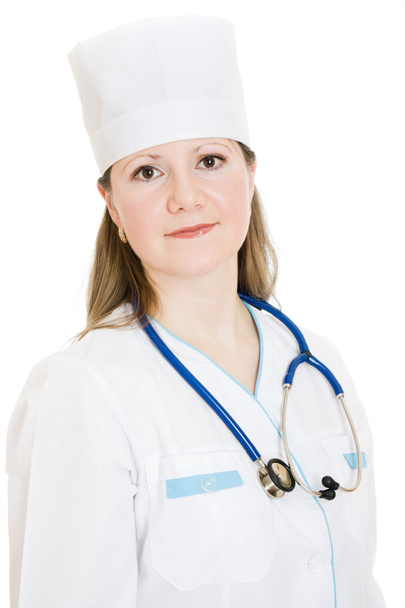 Female doctor with stethoscope on a white background. - Φωτογραφία, εικόνα