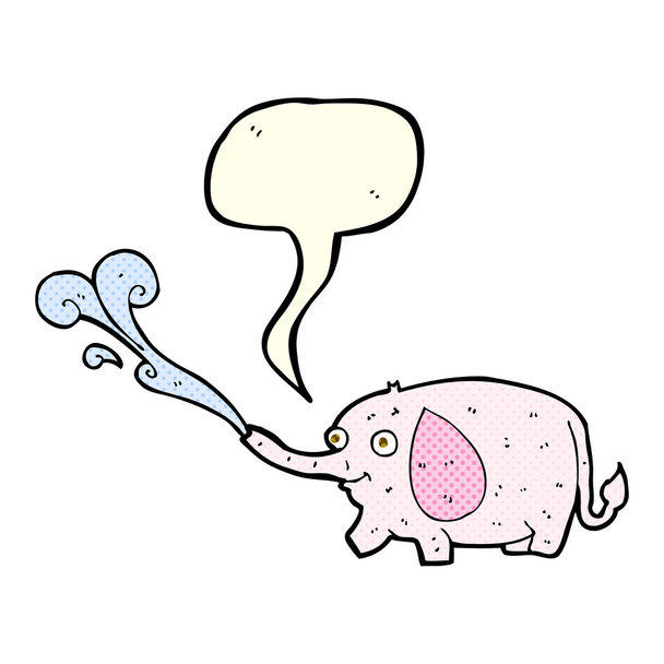 Cartoon grappige kleine olifant spuiten van water met tekstballon - Vector, afbeelding