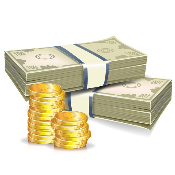 Dos pilas de dinero y monedas de oro
 - Vector, imagen