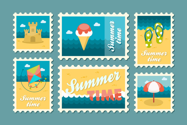 Sommerzeit Briefmarkensatz flach - Vektor, Bild