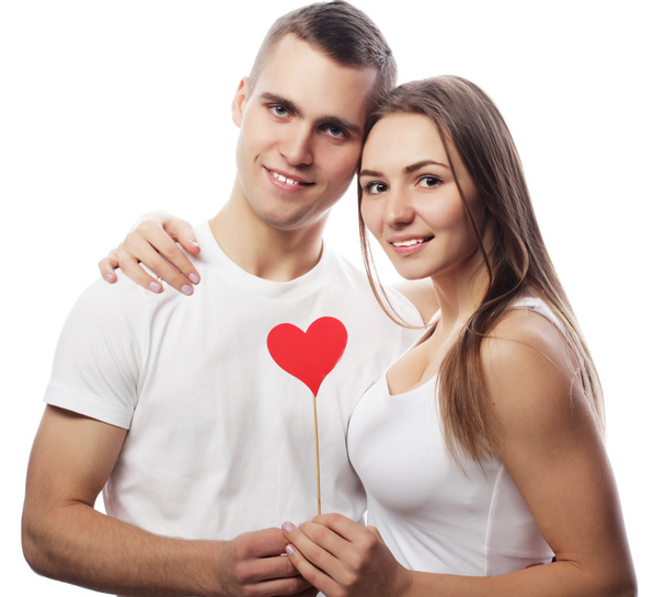 Happy couple in love holding red heart. - Фото, изображение