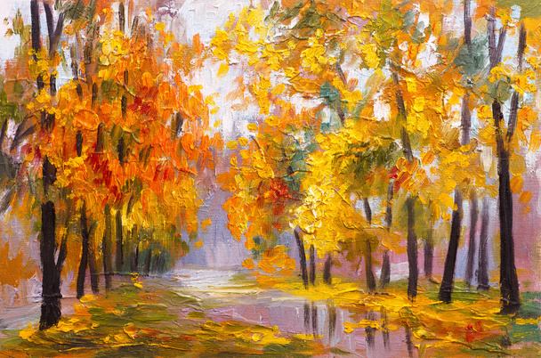 olejomalba krajina - podzimní Les, plný spadané listí, barevný obraz, abstraktní kresba - Fotografie, Obrázek