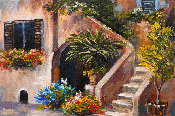 Oil painting - summer terrace, colorful flowers in a garden, house in Greece - Photo, Image