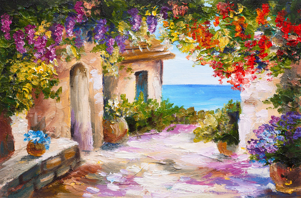 Oil painting - house near the sea, colorful flowers, summer seascape - Photo, Image