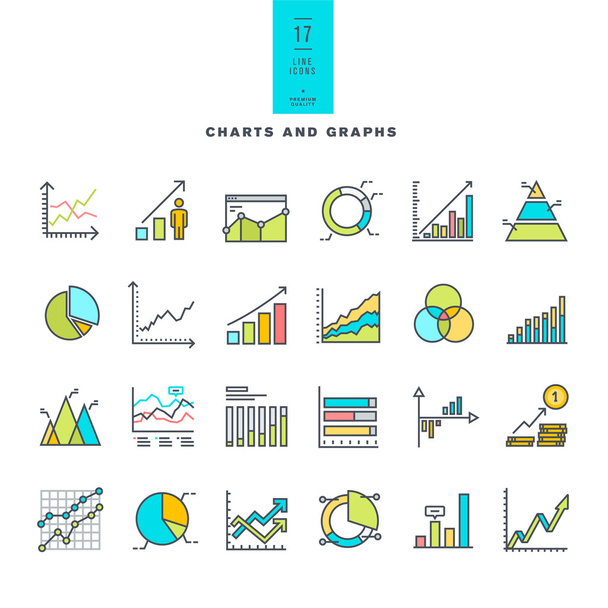 Set of line modern color icons of charts and graphs - Vector, Image