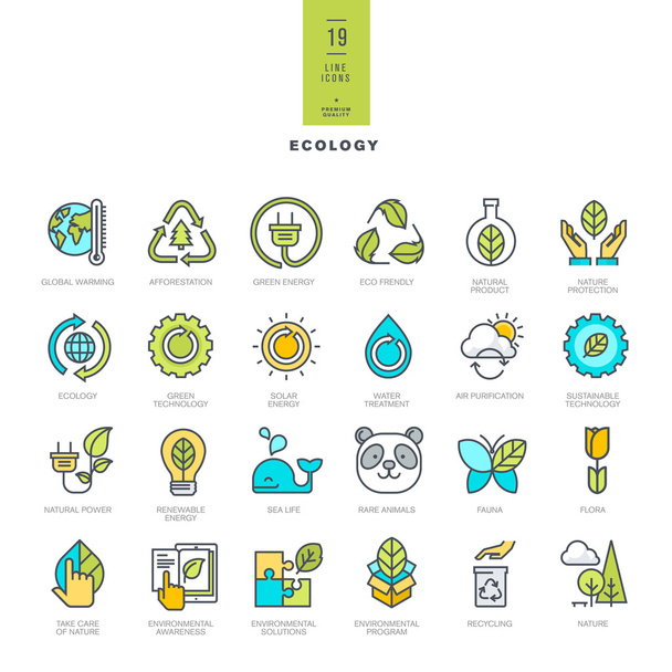 Set of line modern color icons for ecology - Vector, Image