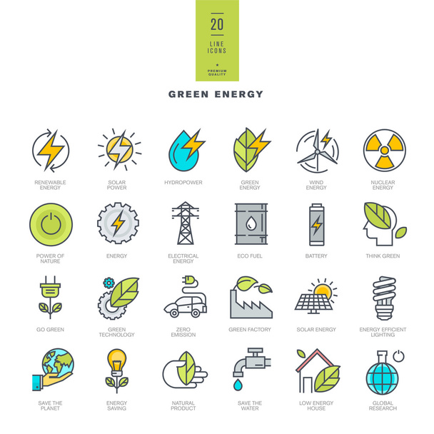 Set van lijn moderne kleur pictogrammen voor groene energie - Vector, afbeelding