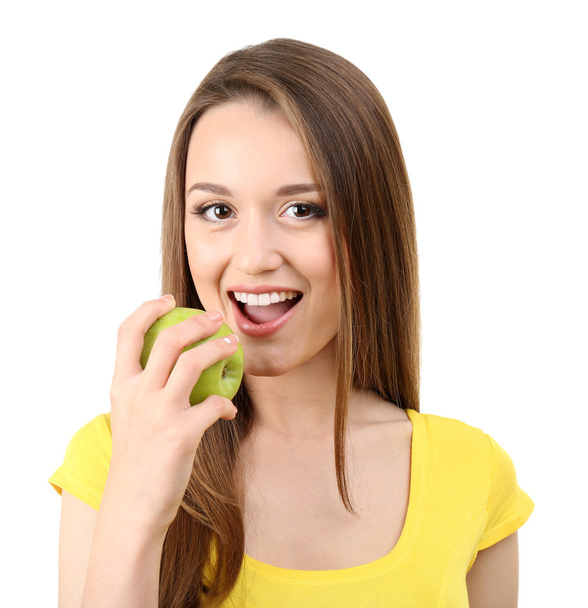 egészséges fiatal nő, elszigetelt fehér zöld alma - Fotó, kép