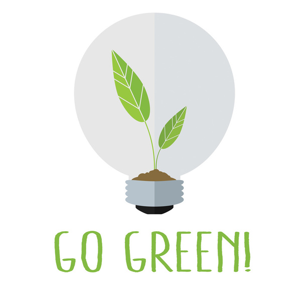 Go green! Green Energy Ecology Poster. Eco bulb with a plant and a handful of earth inside it. - Vector, Image