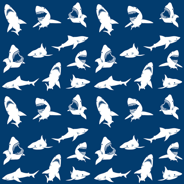 Tiburones siluetas patrón sin costuras. blanco sobre fondo azul
. - Vector, imagen