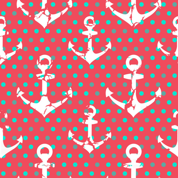 Koraal achtergrond polka dots patroon met ankers. - Vector, afbeelding