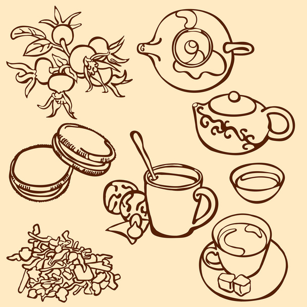 Ceremonia del té. Té. Hora del té. Ilustración vectorial, que muestra: té, taza de té, galletas, ramitas de rosa cadera. Linda imagen brillante
. - Vector, imagen