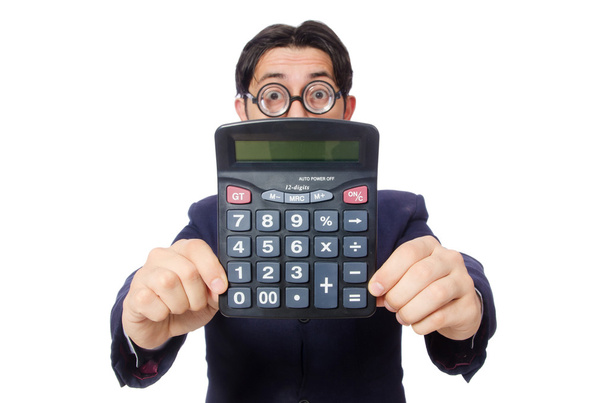 Grappige mens met calculator geïsoleerd op wit - Foto, afbeelding