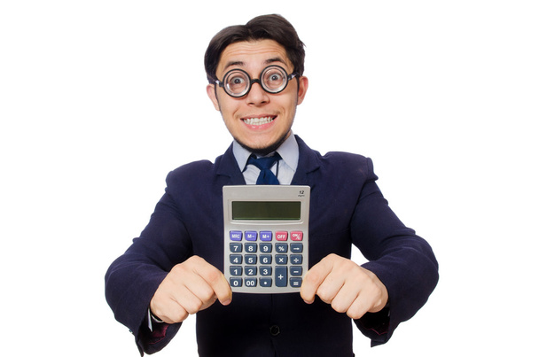 Hombre divertido con calculadora aislado en blanco
 - Foto, Imagen