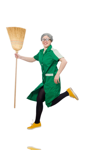 Woman with sweeping brush isolated on white - Φωτογραφία, εικόνα