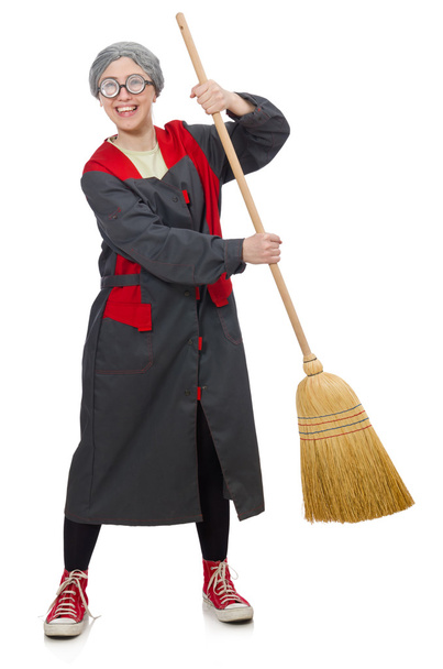 Woman with sweeping brush isolated on white - Fotoğraf, Görsel