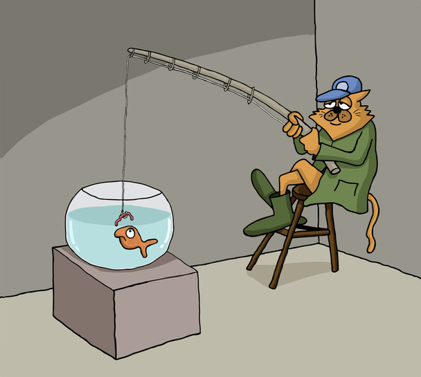Funny cartoon about cat fishing at home - Vector, Image