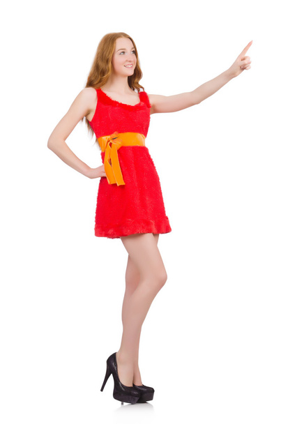 Pretty young girl in red dress isolated on white - Фото, изображение