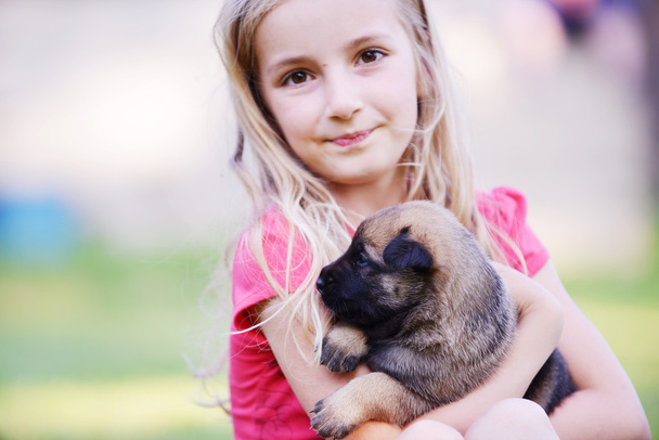 tyttö leikkii koiran kanssa - Valokuva, kuva